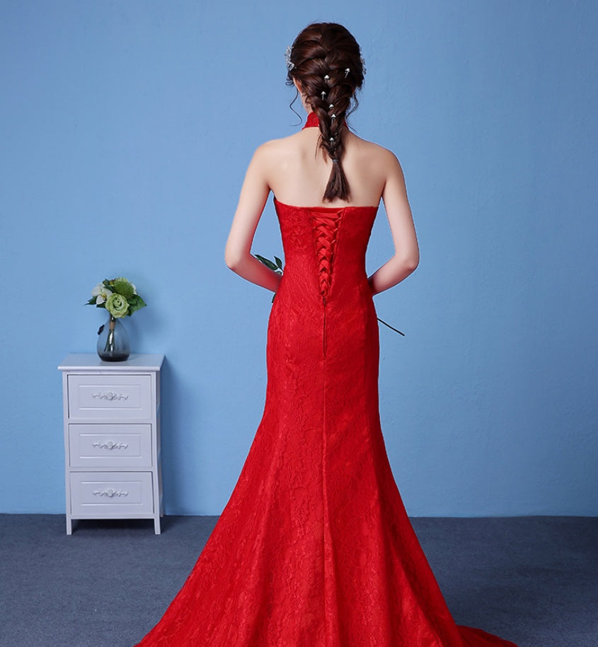Big red wedding dress bride large size waist fishtail wedding dress palace fishtail tail Korean hanging neck A&S Collection