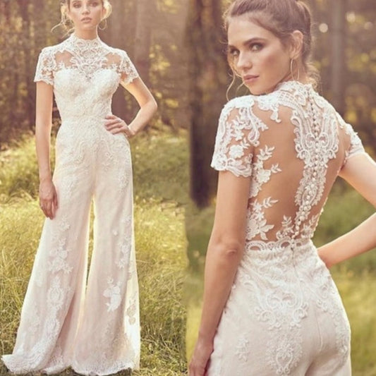 Bride Pants Suit Wedding Bridal Gowns Short Sleeve Jumpsuit A&S Collection