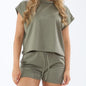 Women's Solid Color Short Sleeve Leisure Suit - Stylish Lace-Up Drawstring Design for Everyday Comfort CJ