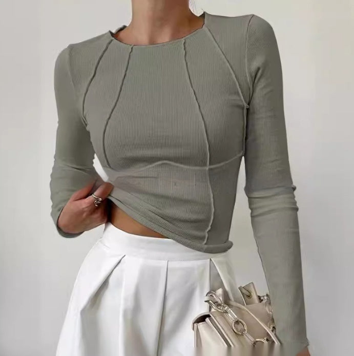 Slim Long Sleeve T-shirt Fashion Solid Color Split Thread Knitted Top Womens Clothing A&S Collection