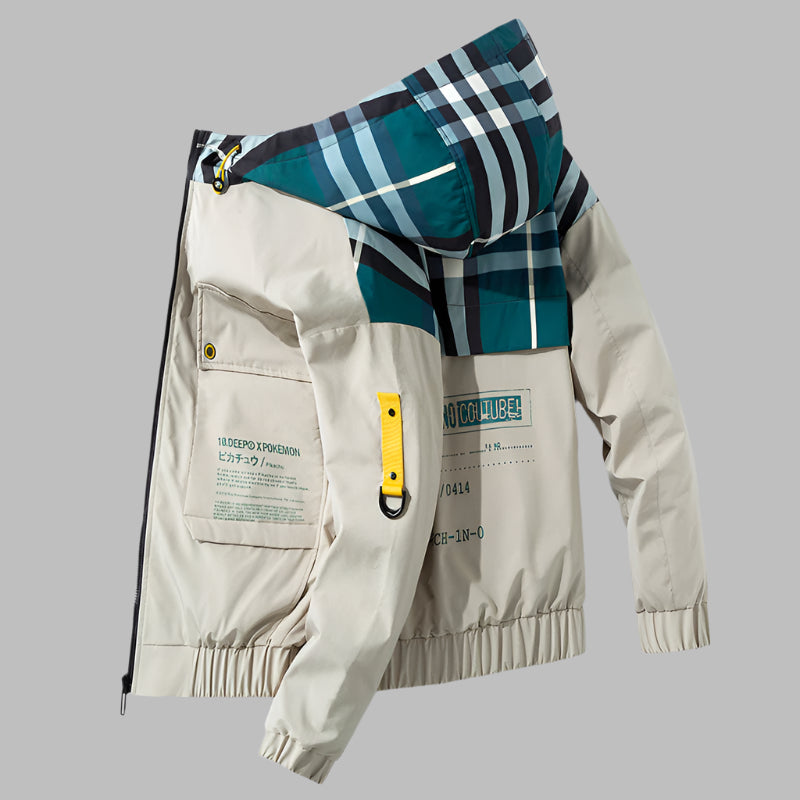 This men's autumn jacket features a hood with a plaid pattern, multiple pockets, and printed text, offering a stylish and loose fit for casual wear A&S Collection