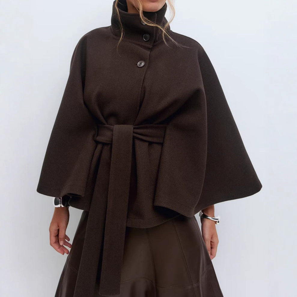 Winter High Neck Batwing Sleeve Coat With Belt Fashion Loose Elegant Button Top Trench Coat For Women Clothing A&S Collection