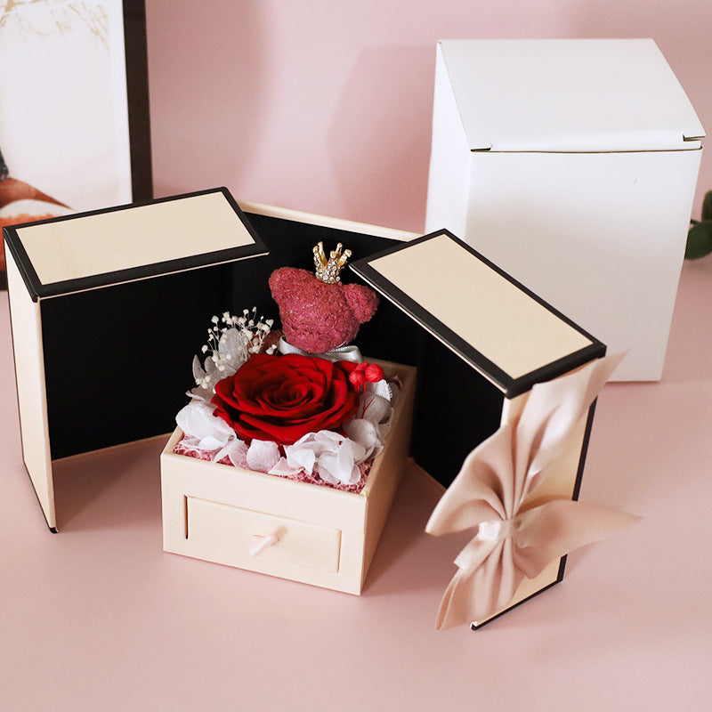 Charming Double Door Bear Rose Jewelry Box: Elegant Eternal Flower Design A&S Collection