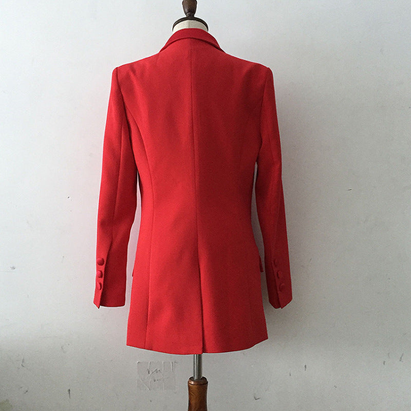 European fashion new women's coat, red satin-stitched collar, long slim suit. A&S Collection