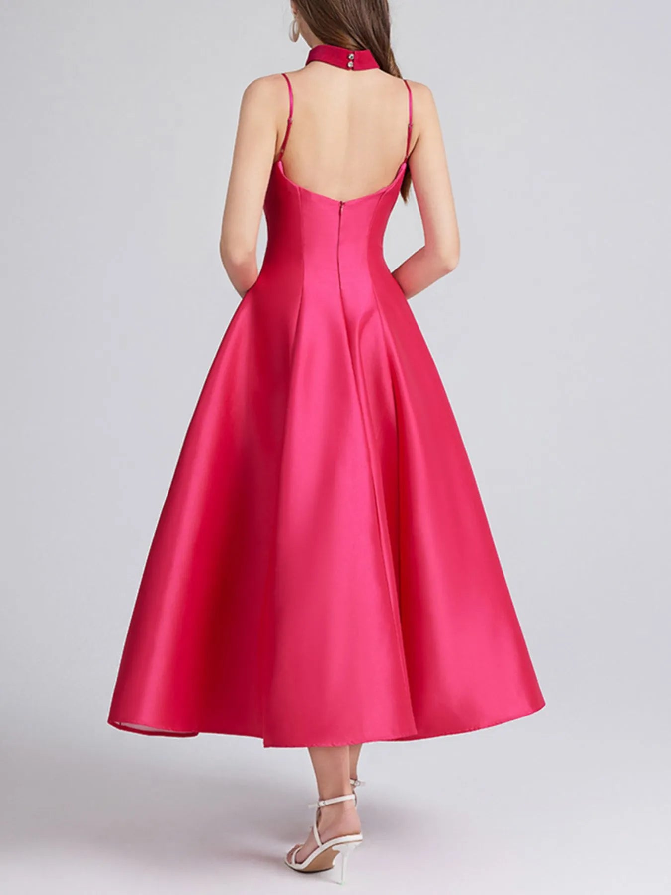 Sweetheart Spaghetti Strap Midi Dress with Collar.