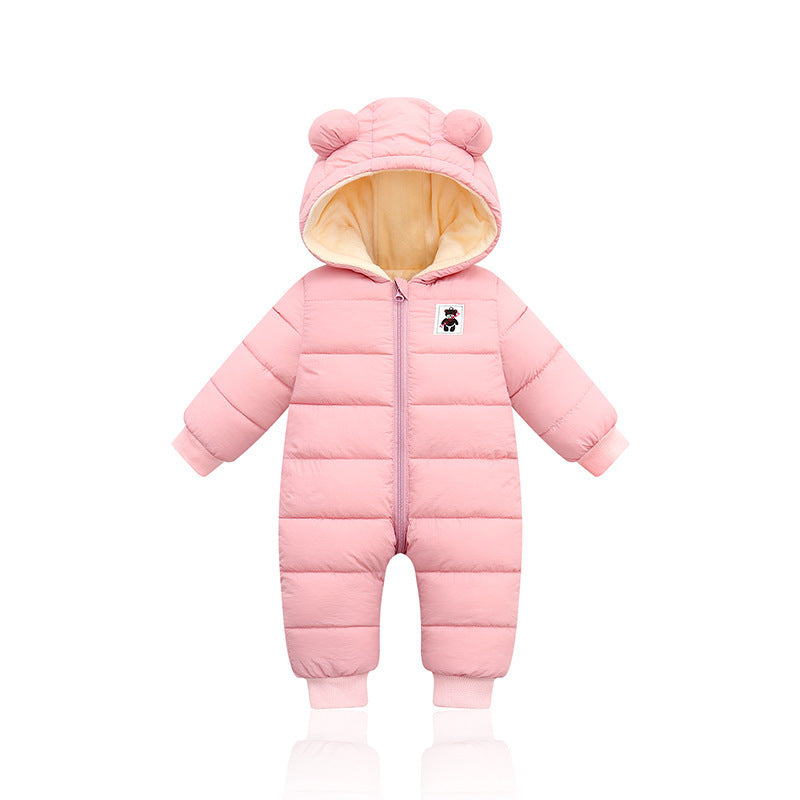Cozy baby winter onesie with bear ears, padded for warmth with front zipper and bear patch design. A&S Collection