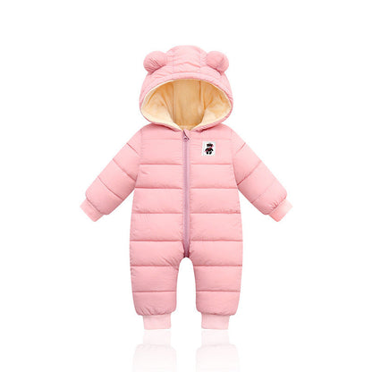 Cozy baby winter onesie with bear ears, padded for warmth with front zipper and bear patch design. A&S Collection