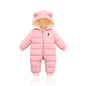 Cozy baby winter onesie with bear ears, padded for warmth with front zipper and bear patch design. A&S Collection