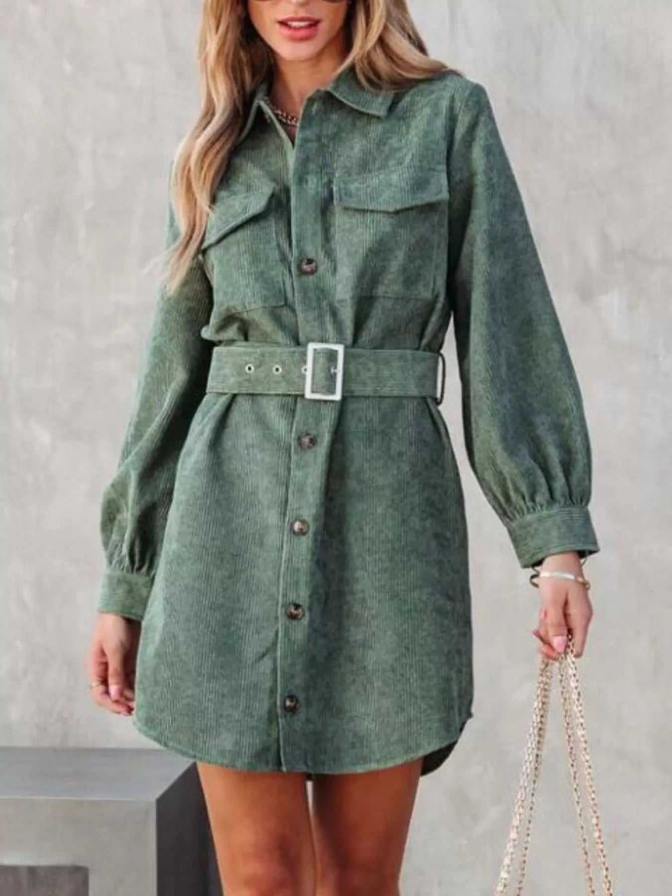 Button Front Belt Long Sleeve Corduroy Dress.