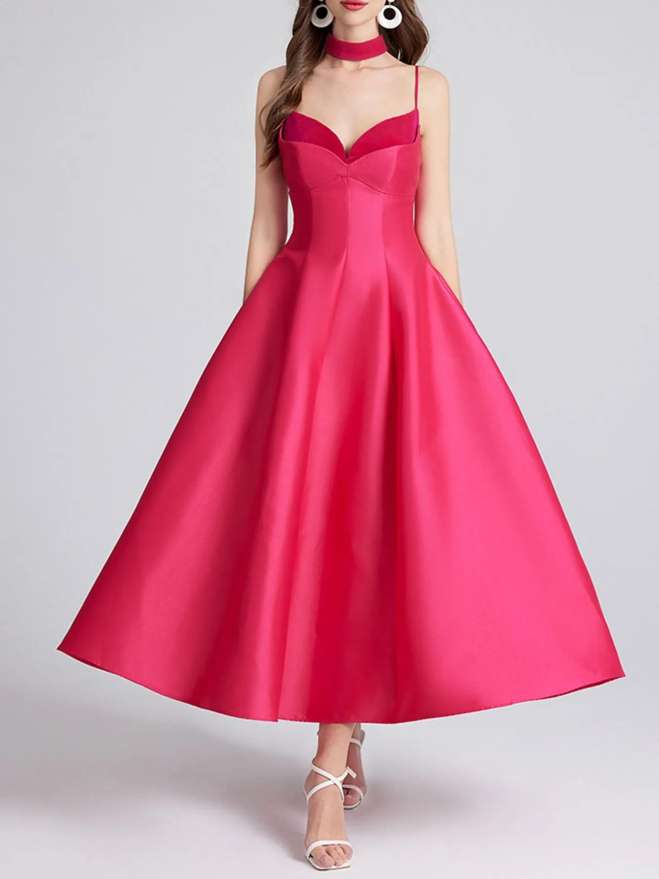 Sweetheart Spaghetti Strap Midi Dress with Collar.
