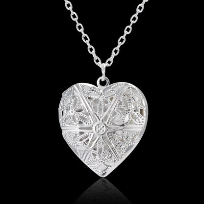 Carved Design Love Necklace Personalized Heart-shaped Photo Frame Pendant Necklace For Women Family Jewelry For Valentine's Day A&S Collection