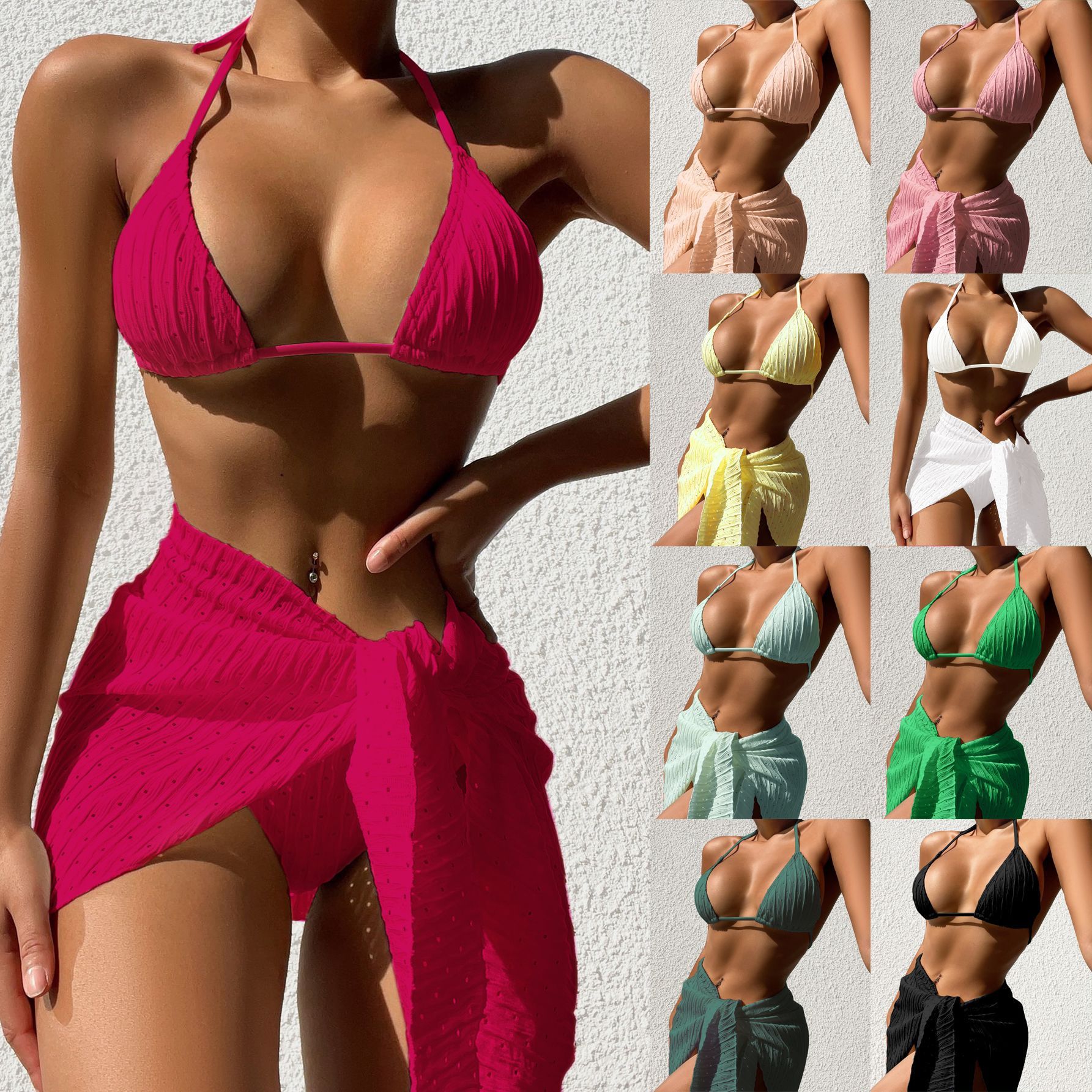 Elegant 3-Piece Halterneck Bikini Set with Mesh Skirt - Perfect for Summer Beach Vibes! CJ