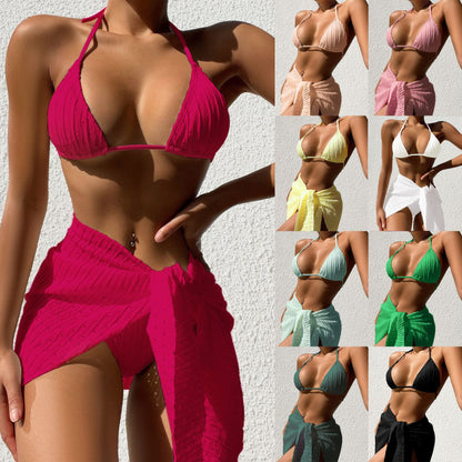Elegant 3-Piece Halterneck Bikini Set with Mesh Skirt - Perfect for Summer Beach Vibes! CJ