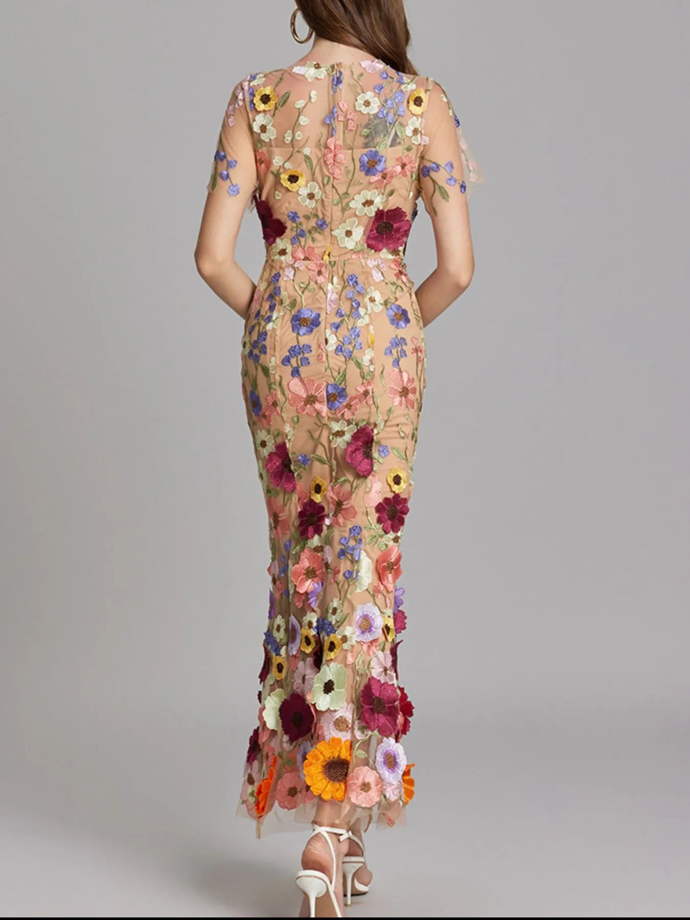 Floral Embroidered Mesh Overlay Maxi Dress.
