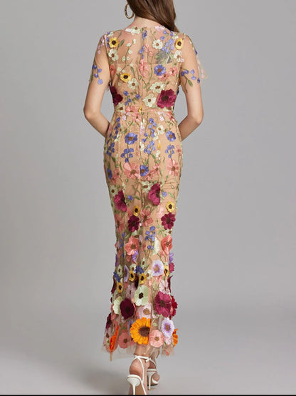 Floral Embroidered Mesh Overlay Maxi Dress.