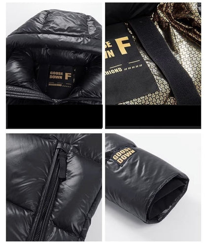 Black Gold White Goose Down Mid-length Elegant Hooded Windproof Overknee Thickened Warm Down Jacket A&S Collection