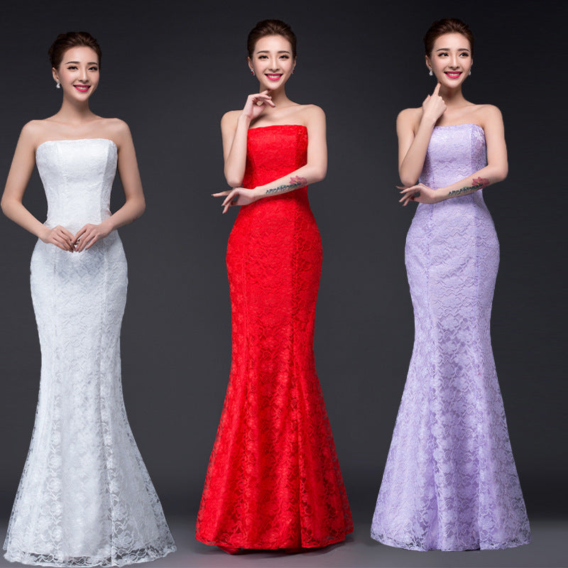 Long dress fuchsia and white lace trailing sexy bride wedding dress A&S Collection