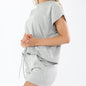 Women's Solid Color Short Sleeve Leisure Suit - Stylish Lace-Up Drawstring Design for Everyday Comfort CJ