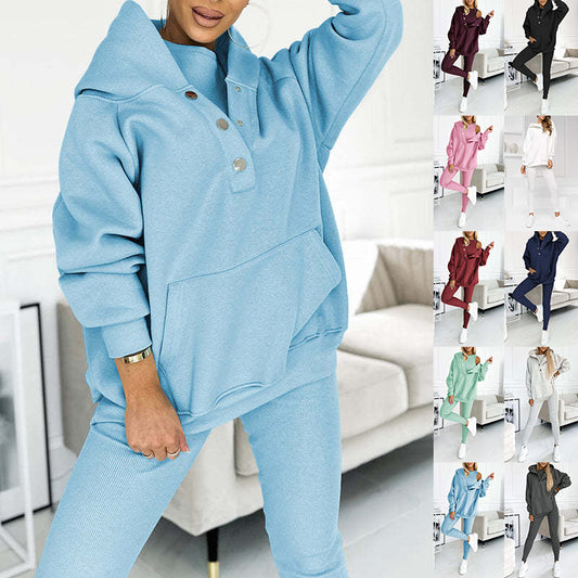 3pcs Women's Sports Suit Loose Hooded Pockets Sweatshirt And Vest And Slim Trousers A&S Collection