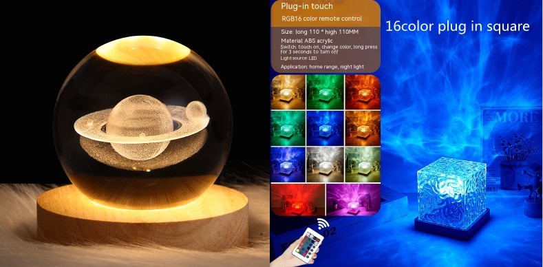 LED Water Ripple Ambient Night Light USB Rotating Projection Crystal Table Lamp RGB Dimmable Home Decoration 16 Color Gifts A&S Collection