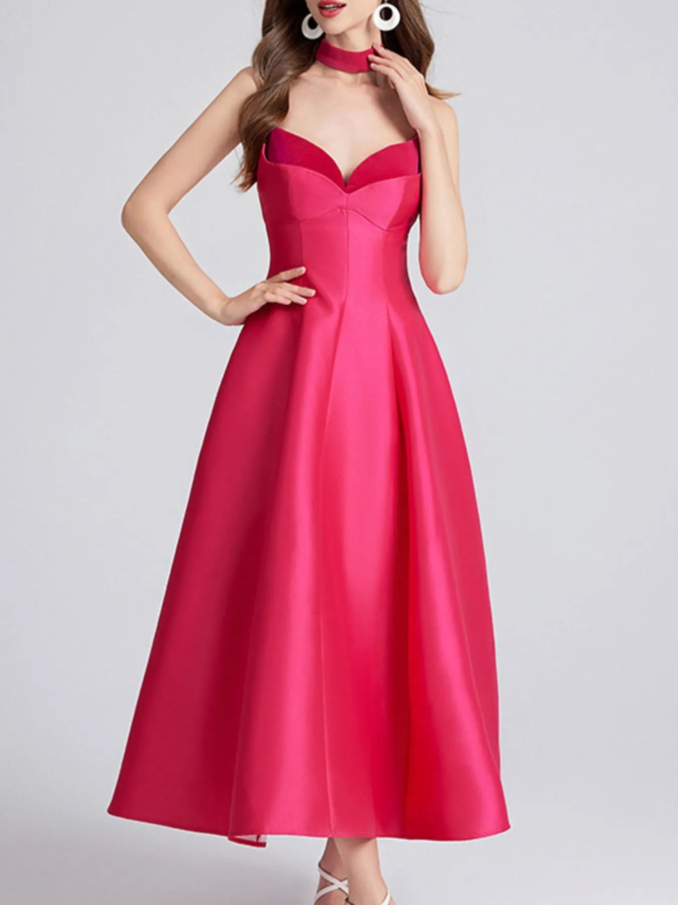 Sweetheart Spaghetti Strap Midi Dress with Collar.