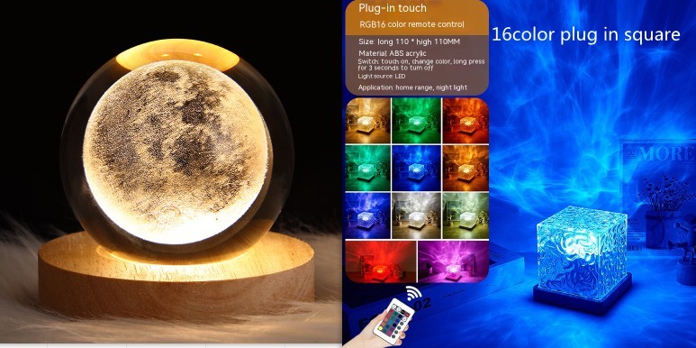 LED Water Ripple Ambient Night Light USB Rotating Projection Crystal Table Lamp RGB Dimmable Home Decoration 16 Color Gifts A&S Collection