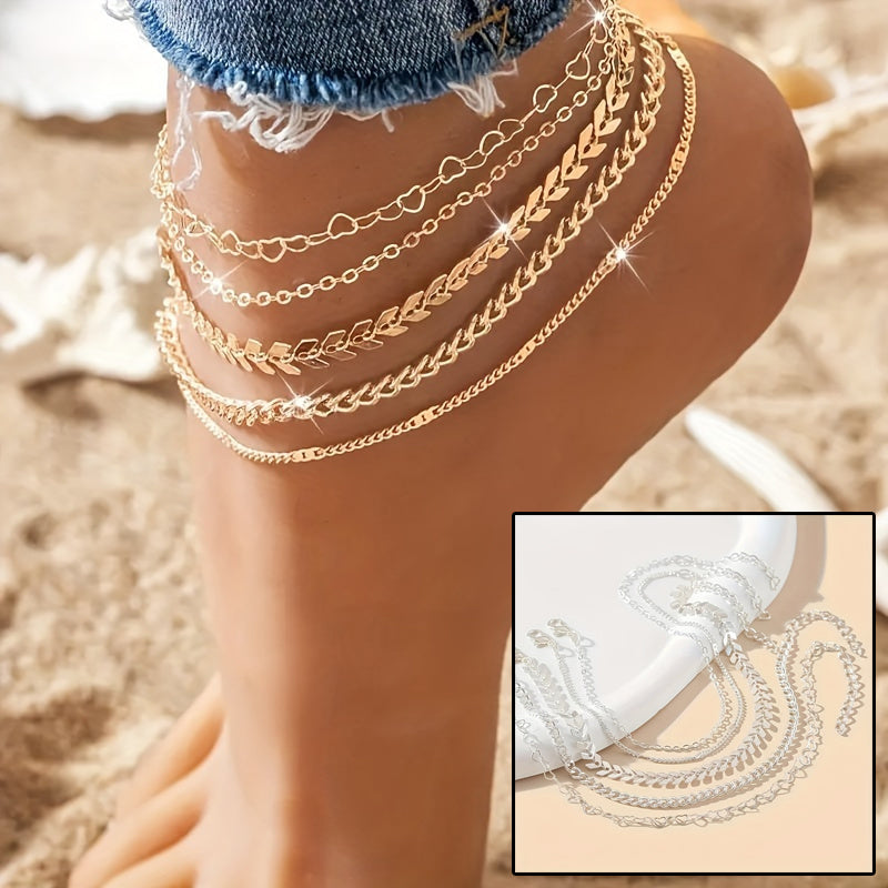 5-Piece Bohemian Anklet Set: Fashionable Airplane, Heart-shaped, and Chain Designs for Women's Summer Beach Style – Perfect On-Foot Jewelry CJ