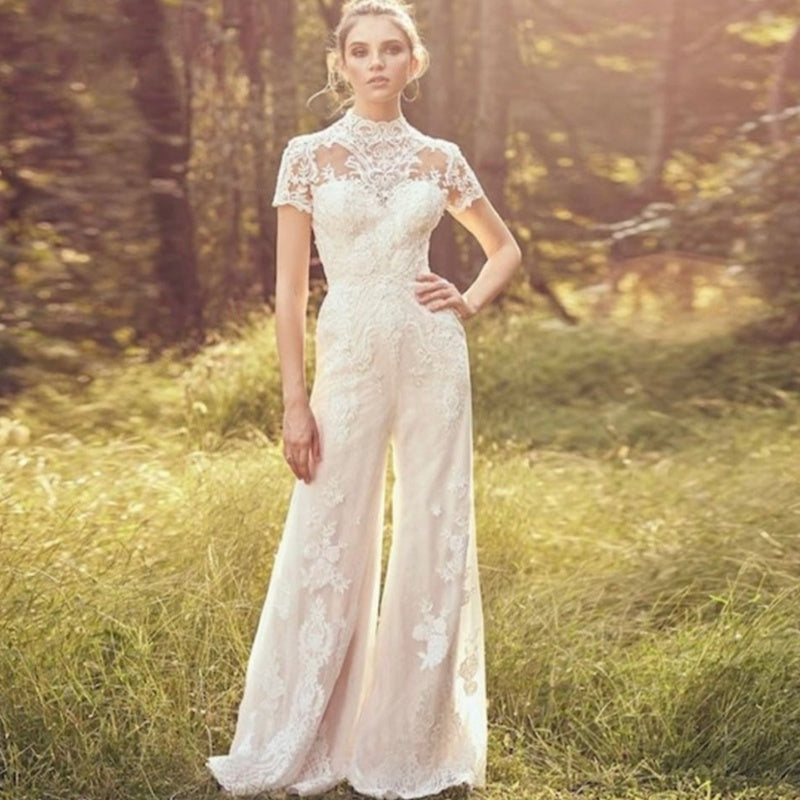 Bride Pants Suit Wedding Bridal Gowns Short Sleeve Jumpsuit A&S Collection