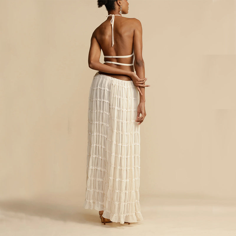 2pcs Women's Dress Suit Sexy Sleeveless Backless Cropped Halter Top And Pleated Long Skirt Beach Clothing A&S Collection