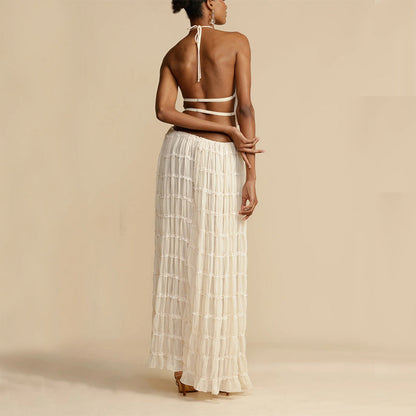 2pcs Women's Dress Suit Sexy Sleeveless Backless Cropped Halter Top And Pleated Long Skirt Beach Clothing A&S Collection