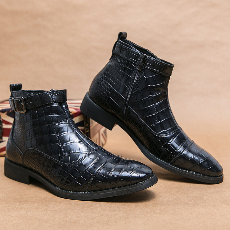 Men's Crocodile Pattern Boots Fashion Pointed Toe Low Square Heel Buckle Zipper Ankle Boots Business Formal Leather Shoes A&S Collection