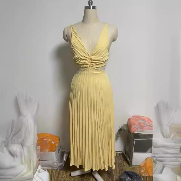 Ins Suspender Pleated Long Dress With Hollow-waisted Design Fashion V-neck Backless Dresses Summer Women's Clothing A&S Collection