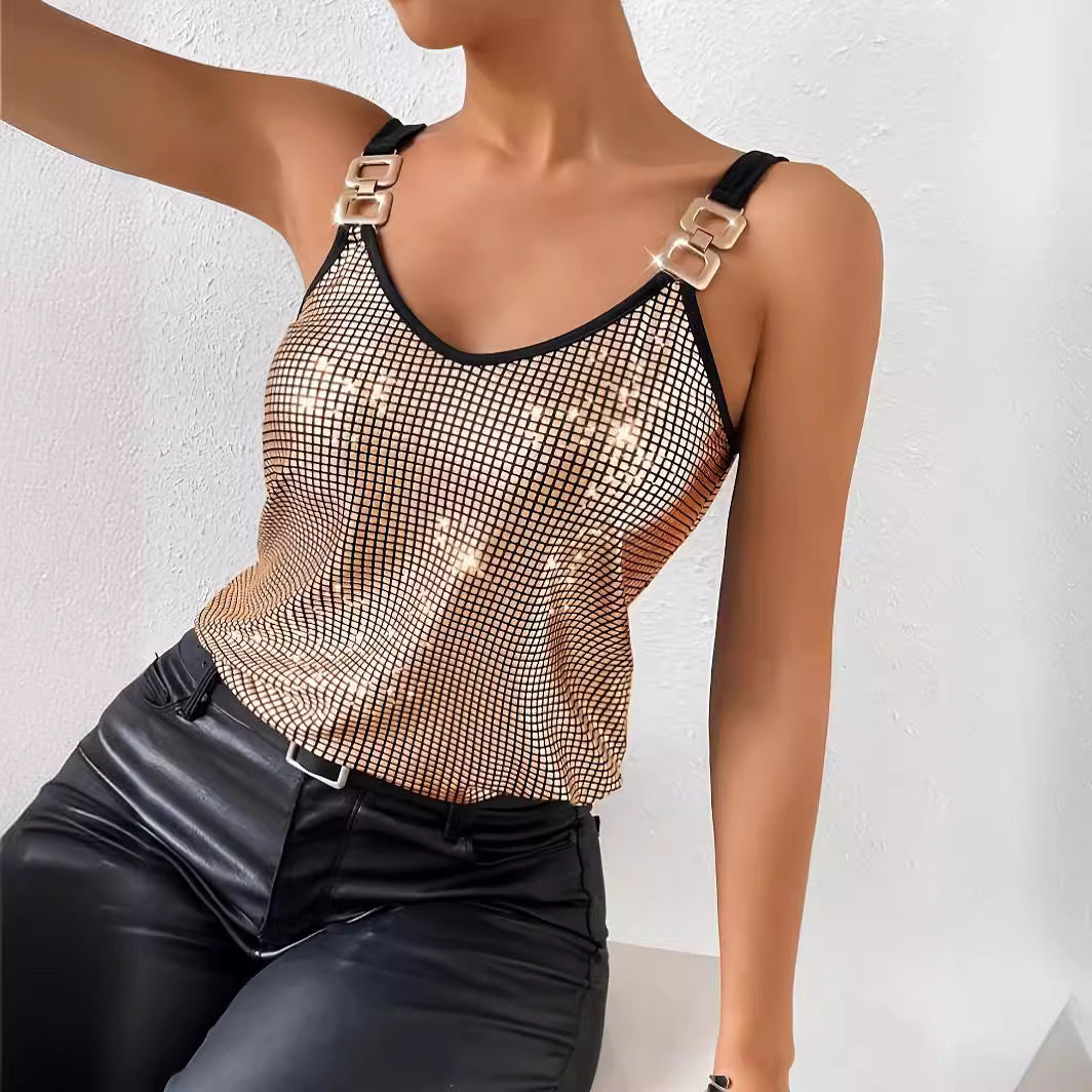 **Glamorous sequined chain vest—shine effortlessly this summer.** CJ