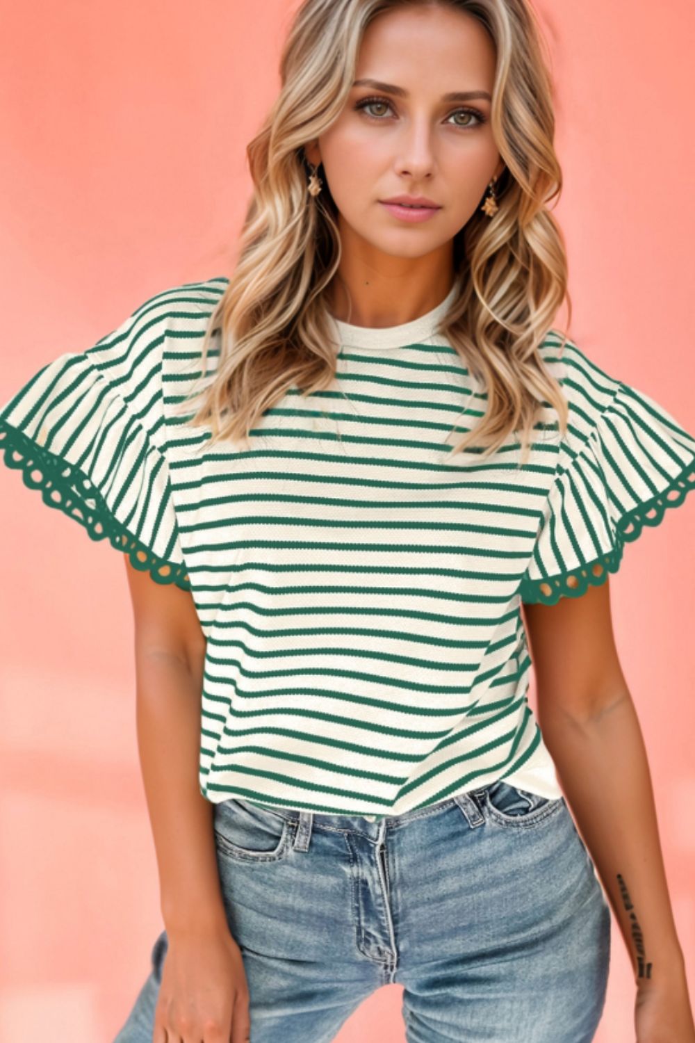 Striped Round Neck Ruffle Sleeve Blouse.