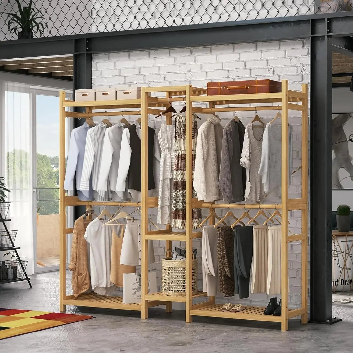 Bamboo Closet System Clothes Rack, Large Freestanding Garment Rack Clothing Rack for Hanging Clothes with 7 Storage Shelves and A&S Collection