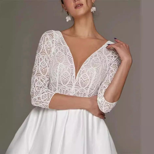 Bridal Deep V-neck Slim Lace Mid-length Long Sleeve Wedding Dresses A&S Collection
