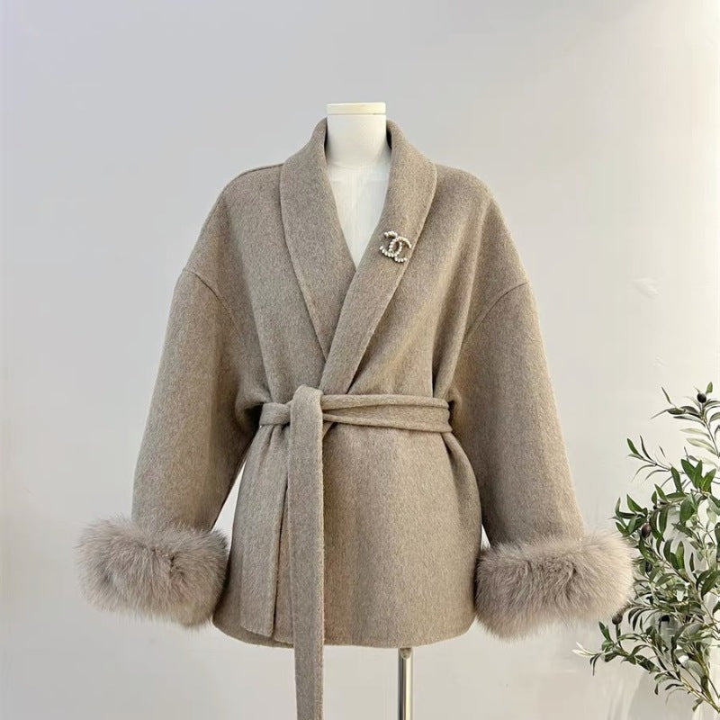 Luxurious double-sided fox hair wool coat, perfect for chic, feminine style. A&S Collection