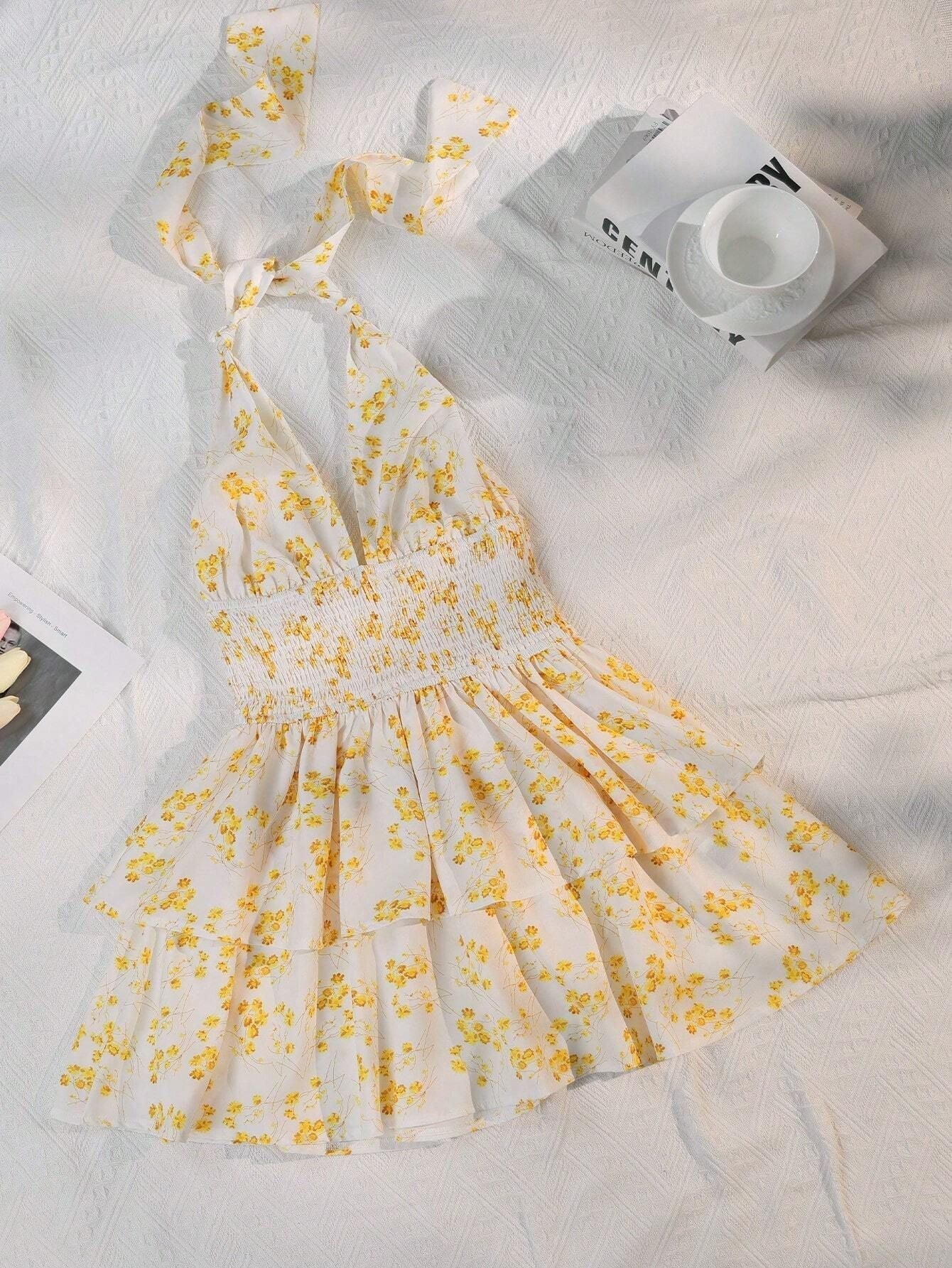Women's Holiday Floral Flounce Halterneck With Suspenders Backless Dress CJ