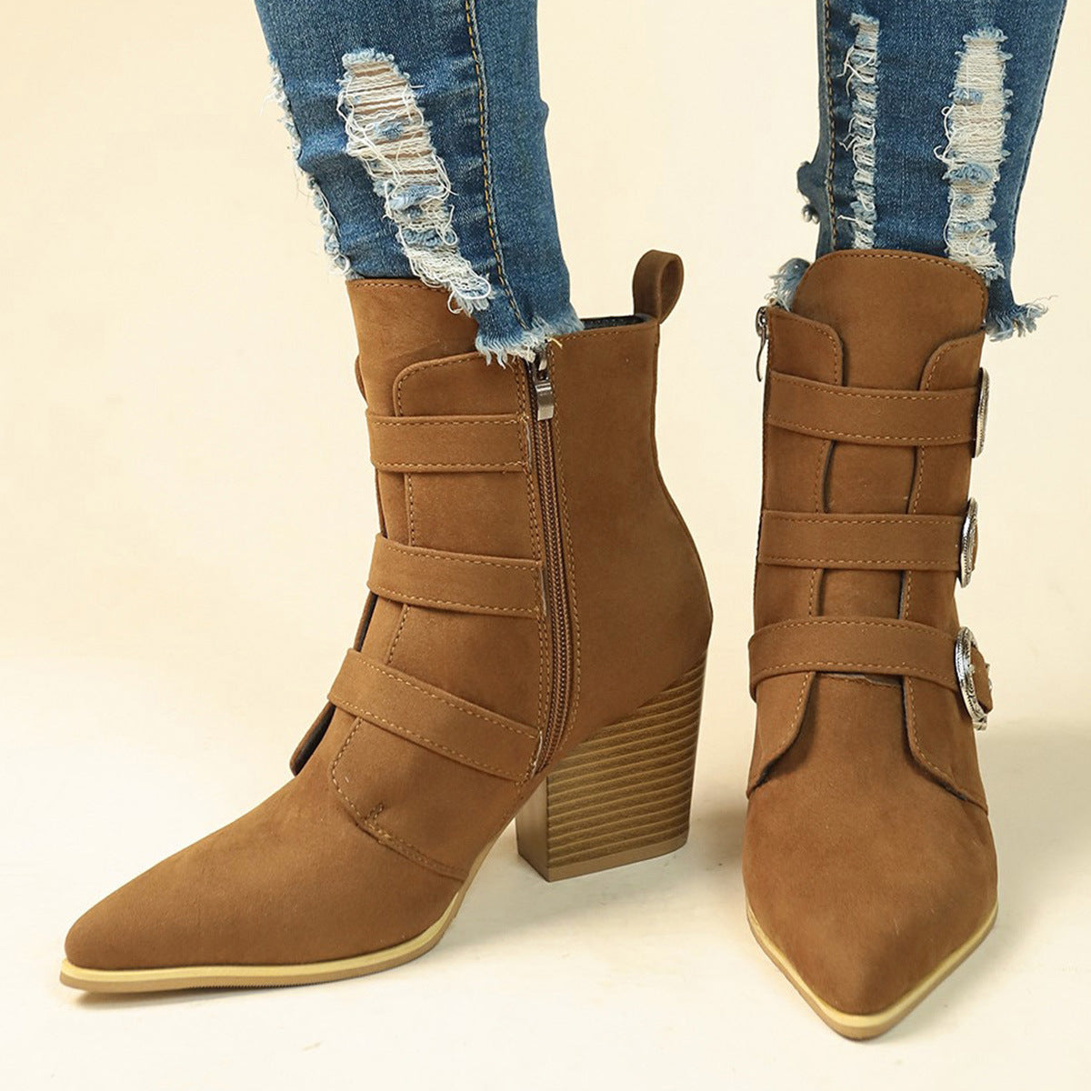 Chunky Heel Pointed Toe Boots With Belt Buckle Design Retro Mid-calf Boot Fashion Fall Winter Shoes For Women A&S Collection