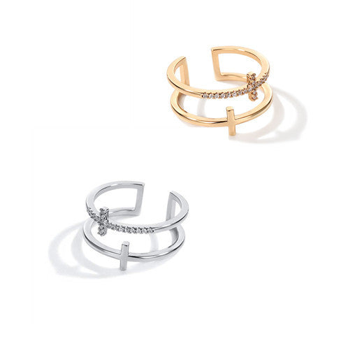 Double Cross Miniature Ring: Elegant Copper Design with Inlaid Zircon – Perfect for Adding a Touch of Sparkle and Sophistication to Any Look CJ
