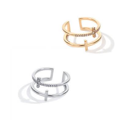 Double Cross Miniature Ring: Elegant Copper Design with Inlaid Zircon – Perfect for Adding a Touch of Sparkle and Sophistication to Any Look CJ