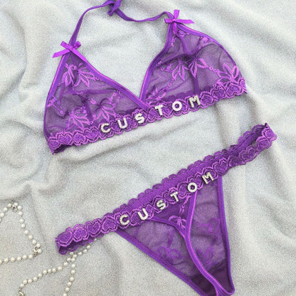 Custom Lingerie Set For Women Thong Panties Bra Set With Name Rhinestone Customized Thongs Personalized G-String Jewelry Gift CJ