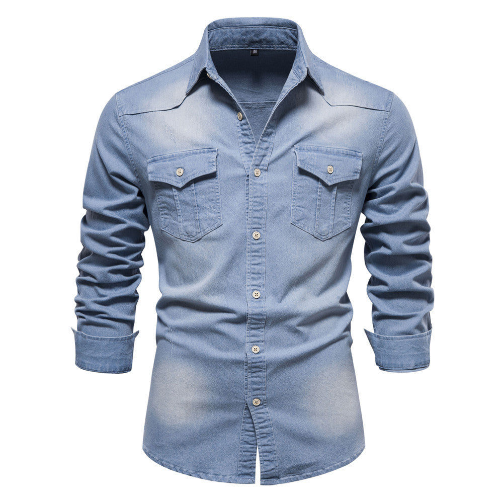 Men's Long-sleeved Denim Shirt Casual Solid Button Slim Tops Clothing A&S Collection