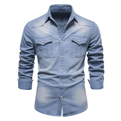 Men's Long-sleeved Denim Shirt Casual Solid Button Slim Tops Clothing A&S Collection