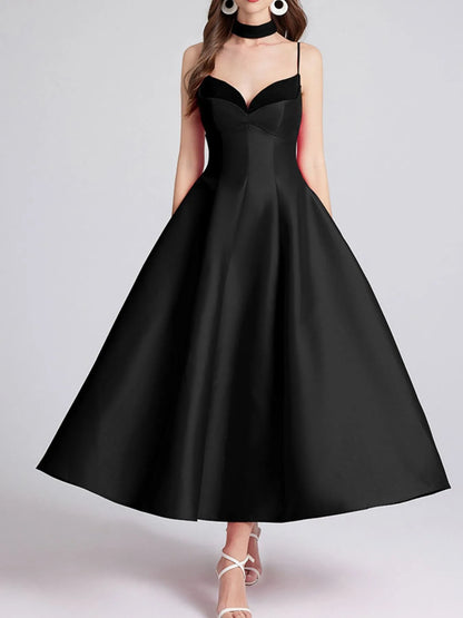 Sweetheart Spaghetti Strap Midi Dress with Collar.