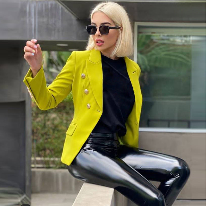 New star women's jacket jacket fashion metal lion head button double breasted slim suit tan A&S Collection
