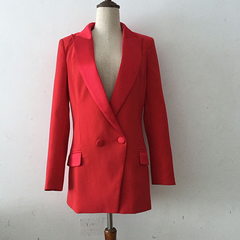 European fashion new women's coat, red satin-stitched collar, long slim suit. A&S Collection