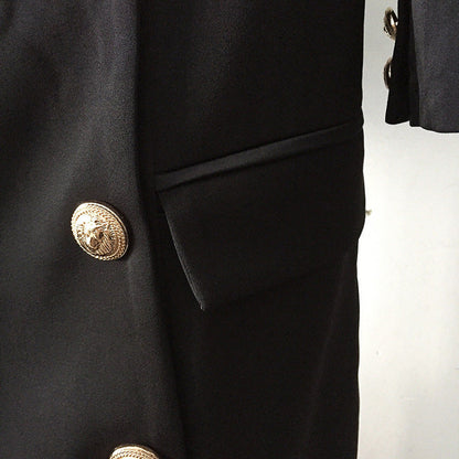 Autumn/winter celebrity fashion: Lion button double-breasted open-shoulder dress with a collar. A&S Collection