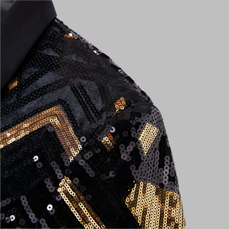 This slim-fit blazer, adorned with gold and silver sequins, features a sleek, single-button closure and a sophisticated satin shawl lapel. A&S Collection