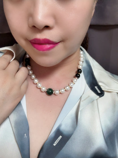 Duality in Bloom – Freshwater Pearl, Gold-Sheen Obsidian & Imperial Jadeite